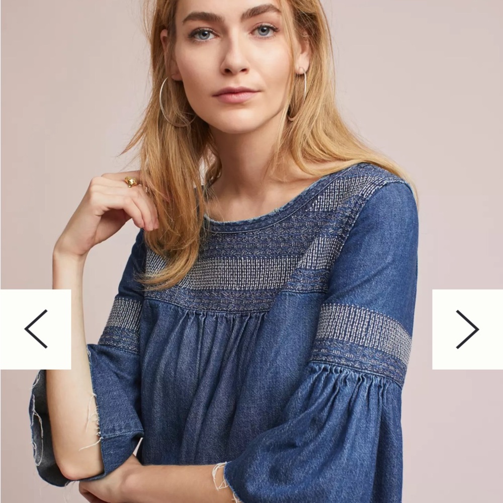 Current/Elliot Embroidered Denim Jean boho Tunic Dress w half sleeves - Picture 5 of 9